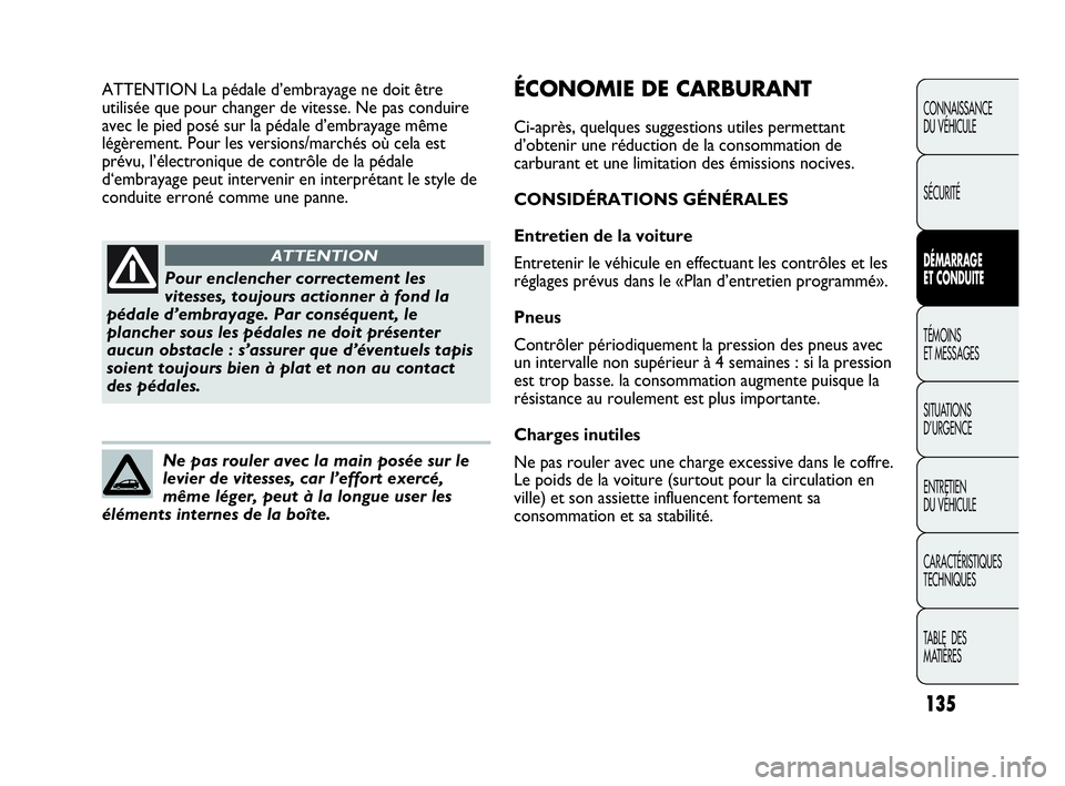 Abarth Punto Evo 2010  Notice dentretien (in French) 135
CONNAISSANCE 
DU VÉHICULE
SÉCURITÉ
DÉMARRAGE 
ET CONDUITE
TÉMOINS 
ET MESSAGES
SITUATIONS 
D’URGENCE
ENTRETIEN 
DU VÉHICULE
CARACTÉRISTIQUES
TECHNIQUES
TABLE  DES 
MATIÈRES
Pour enclench