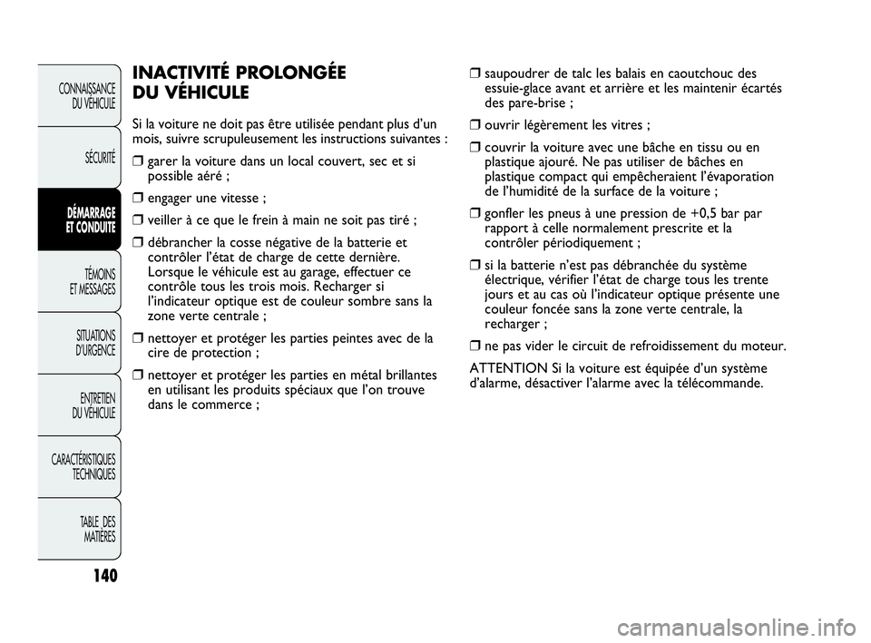 Abarth Punto Evo 2010  Notice dentretien (in French) 140
CONNAISSANCE 
DU VÉHICULE
SÉCURITÉ
DÉMARRAGE 
ET CONDUITE
TÉMOINS 
ET MESSAGES
SITUATIONS 
D’URGENCE
ENTRETIEN 
DU VÉHICULE
CARACTÉRISTIQUES
TECHNIQUES
TABLE  DES 
MATIÈRES
❒saupoudrer