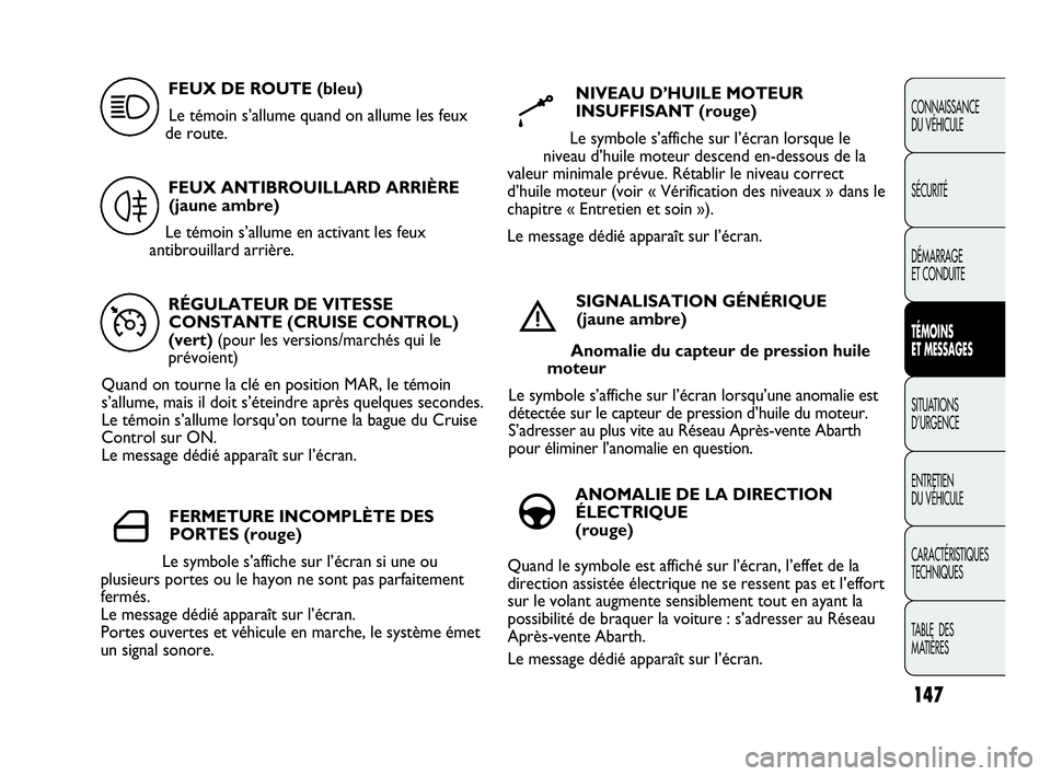 Abarth Punto Evo 2010  Notice dentretien (in French) 147
CONNAISSANCE 
DU VÉHICULE
SÉCURITÉ
DÉMARRAGE 
ET CONDUITE
TÉMOINS 
ET MESSAGES
SITUATIONS 
D’URGENCE
ENTRETIEN 
DU VÉHICULE
CARACTÉRISTIQUES
TECHNIQUES
TABLE  DES 
MATIÈRES
RÉGULATEUR D