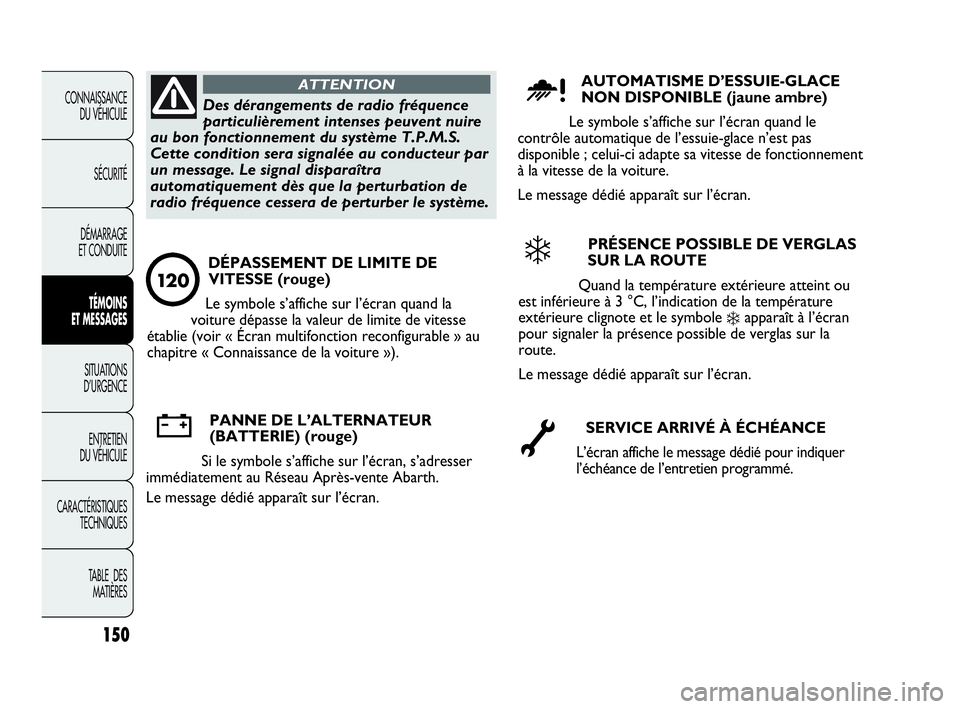 Abarth Punto Evo 2010  Notice dentretien (in French) 150
CONNAISSANCE 
DU VÉHICULE
SÉCURITÉ
DÉMARRAGE 
ET CONDUITE
TÉMOINS 
ET MESSAGES
SITUATIONS 
D’URGENCE
ENTRETIEN 
DU VÉHICULE
CARACTÉRISTIQUES
TECHNIQUES
TABLE  DES 
MATIÈRES
Des dérangem