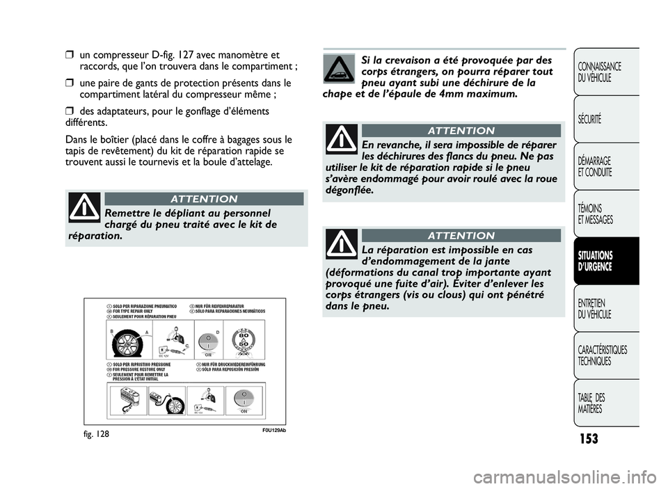 Abarth Punto Evo 2010  Notice dentretien (in French) 153
CONNAISSANCE
DU VÉHICULE
SÉCURITÉ
DÉMARRAGE
ET CONDUITE
TÉMOINS
ET MESSAGES
SITUATIONS
D’URGENCE
ENTRETIEN
DU VÉHICULE
CARACTÉRISTIQUES
TECHNIQUES
TA B L E D E S
MATIÈRES
❒un compresse