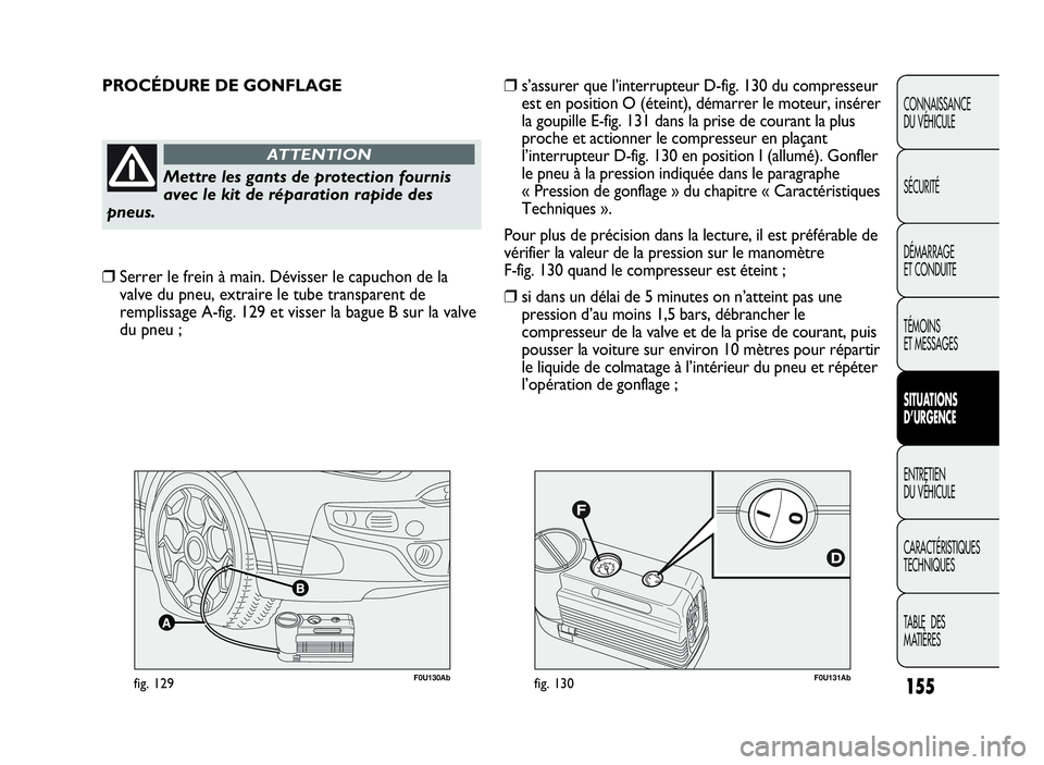 Abarth Punto Evo 2010  Notice dentretien (in French) 155
CONNAISSANCE
DU VÉHICULE
SÉCURITÉ
DÉMARRAGE
ET CONDUITE
TÉMOINS
ET MESSAGES
SITUATIONS
D’URGENCE
ENTRETIEN
DU VÉHICULE
CARACTÉRISTIQUES
TECHNIQUES
TA B L E D E S
MATIÈRES
F0U131Abfig. 13