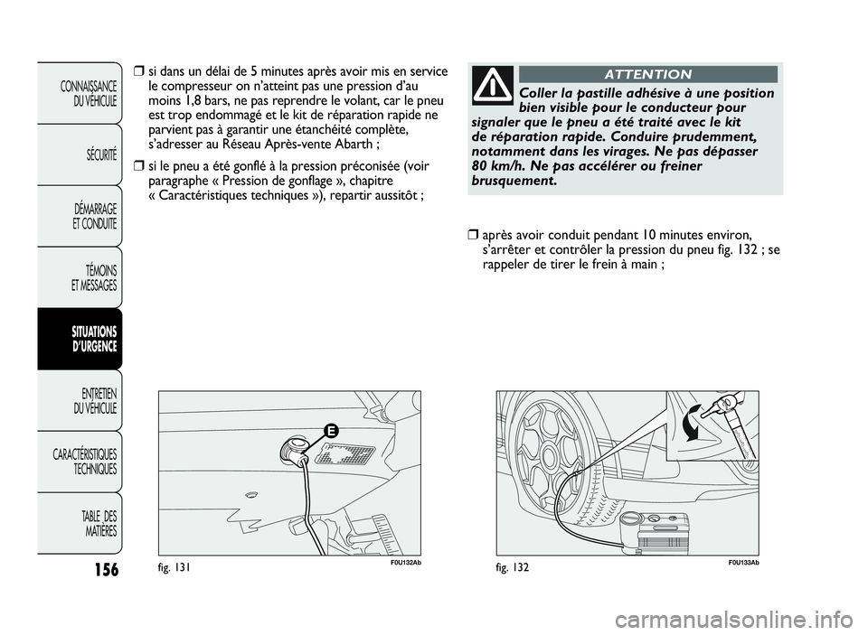 Abarth Punto Evo 2010  Notice dentretien (in French) 156
CONNAISSANCE
DU VÉHICULE
SÉCURITÉ
DÉMARRAGE
ET CONDUITE
TÉMOINS
ET MESSAGES
SITUATIONS
D’URGENCE
ENTRETIEN
DU VÉHICULE
CARACTÉRISTIQUES
TECHNIQUES
TABLE DES
MATIÈRES
F0U133Abfig. 132
❒