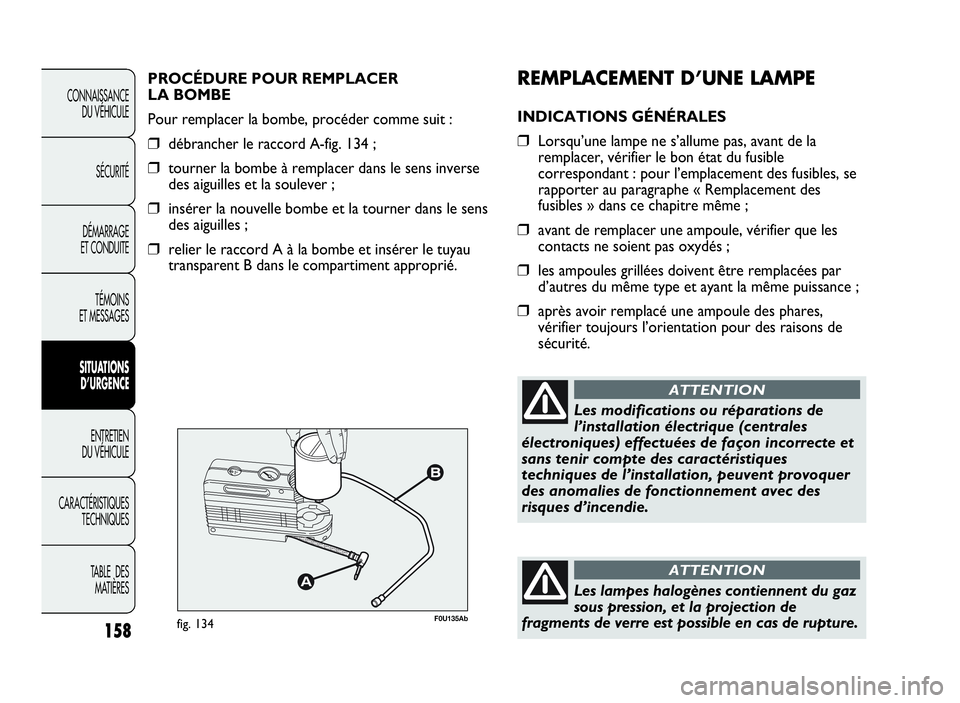 Abarth Punto Evo 2010  Notice dentretien (in French) 158
CONNAISSANCE
DU VÉHICULE
SÉCURITÉ
DÉMARRAGE
ET CONDUITE
TÉMOINS
ET MESSAGES
SITUATIONS
D’URGENCE
ENTRETIEN
DU VÉHICULE
CARACTÉRISTIQUES
TECHNIQUES
TABLE DES
MATIÈRES
REMPLACEMENTD’UNEL