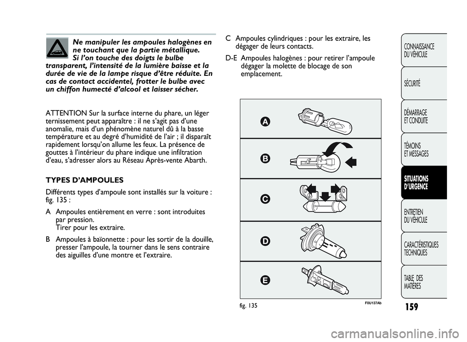 Abarth Punto Evo 2010  Notice dentretien (in French) 159
CONNAISSANCE
DU VÉHICULE
SÉCURITÉ
DÉMARRAGE
ET CONDUITE
TÉMOINS
ET MESSAGES
SITUATIONS
D’URGENCE
ENTRETIEN
DU VÉHICULE
CARACTÉRISTIQUES
TECHNIQUES
TA B L E D E S
MATIÈRES
Ne manipuler le