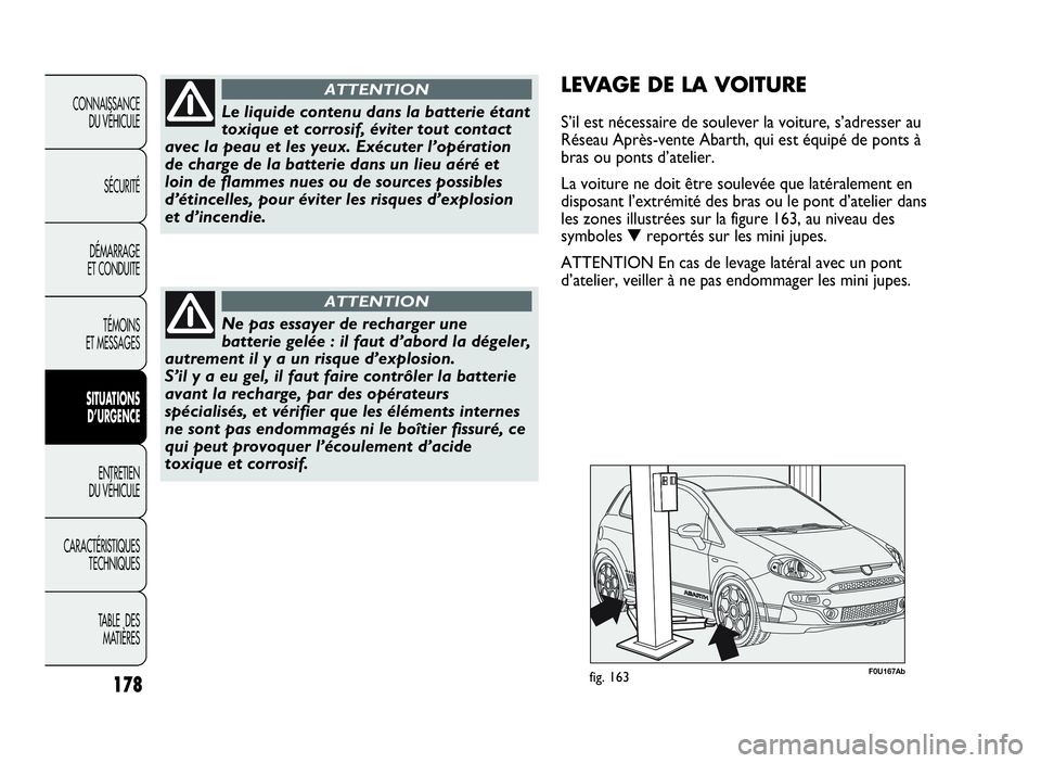 Abarth Punto Evo 2010  Notice dentretien (in French) 178
CONNAISSANCE
DU VÉHICULE
SÉCURITÉ
DÉMARRAGE
ET CONDUITE
TÉMOINS
ET MESSAGES
SITUATIONS
D’URGENCE
ENTRETIEN
DU VÉHICULE
CARACTÉRISTIQUES
TECHNIQUES
TABLE DES
MATIÈRES
Le liquide contenu d