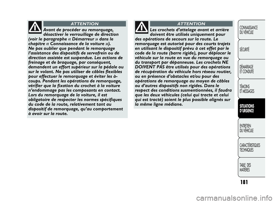 Abarth Punto Evo 2010  Notice dentretien (in French) 181
CONNAISSANCE
DU VÉHICULE
SÉCURITÉ
DÉMARRAGE
ET CONDUITE
TÉMOINS
ET MESSAGES
SITUATIONS
D’URGENCE
ENTRETIEN
DU VÉHICULE
CARACTÉRISTIQUES
TECHNIQUES
TA B L E D E S
MATIÈRES
Avant de procé