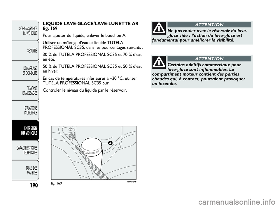Abarth Punto Evo 2010  Notice dentretien (in French) 190
CONNAISSANCE 
DU VÉHICULE
SÉCURITÉ
DÉMARRAGE 
ET CONDUITE
TÉMOINS 
ET MESSAGES
SITUATIONS 
D’URGENCE
ENTRETIEN 
DU VÉHICULE
CARACTÉRISTIQUES
TECHNIQUES
TABLE  DES 
MATIÈRES
F0U173Abfig. 