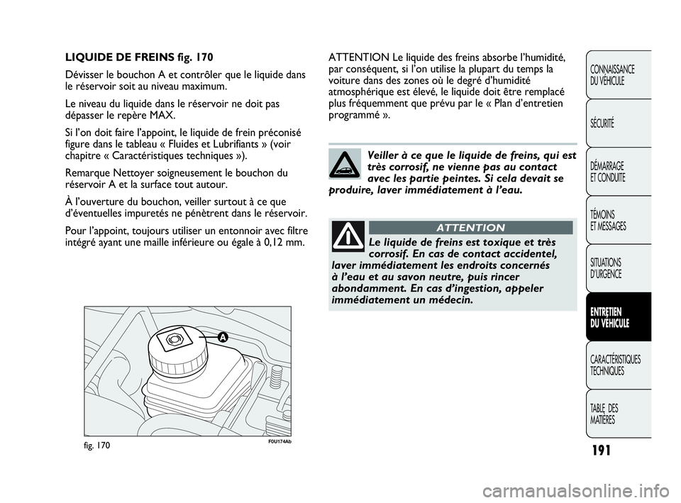 Abarth Punto Evo 2010  Notice dentretien (in French) 191
CONNAISSANCE 
DU VÉHICULE
SÉCURITÉ
DÉMARRAGE 
ET CONDUITE
TÉMOINS 
ET MESSAGES
SITUATIONS 
D’URGENCE
ENTRETIEN 
DU VÉHICULE
CARACTÉRISTIQUES
TECHNIQUES
TABLE  DES 
MATIÈRES
F0U174Abfig. 