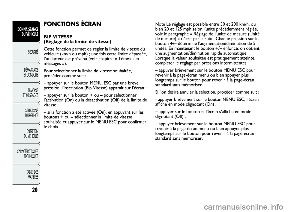 Abarth Punto Evo 2010  Notice dentretien (in French) 20
CONNAISSANCE 
DU VÉHICULE
SÉCURITÉ
DÉMARRAGE 
ET CONDUITE
TÉMOINS 
ET MESSAGES
SITUATIONS 
D’URGENCE
ENTRETIEN 
DU VÉHICULE
CARACTÉRISTIQUES
TECHNIQUES
TABLE  DES 
MATIÈRES
FONCTIONS ÉCR