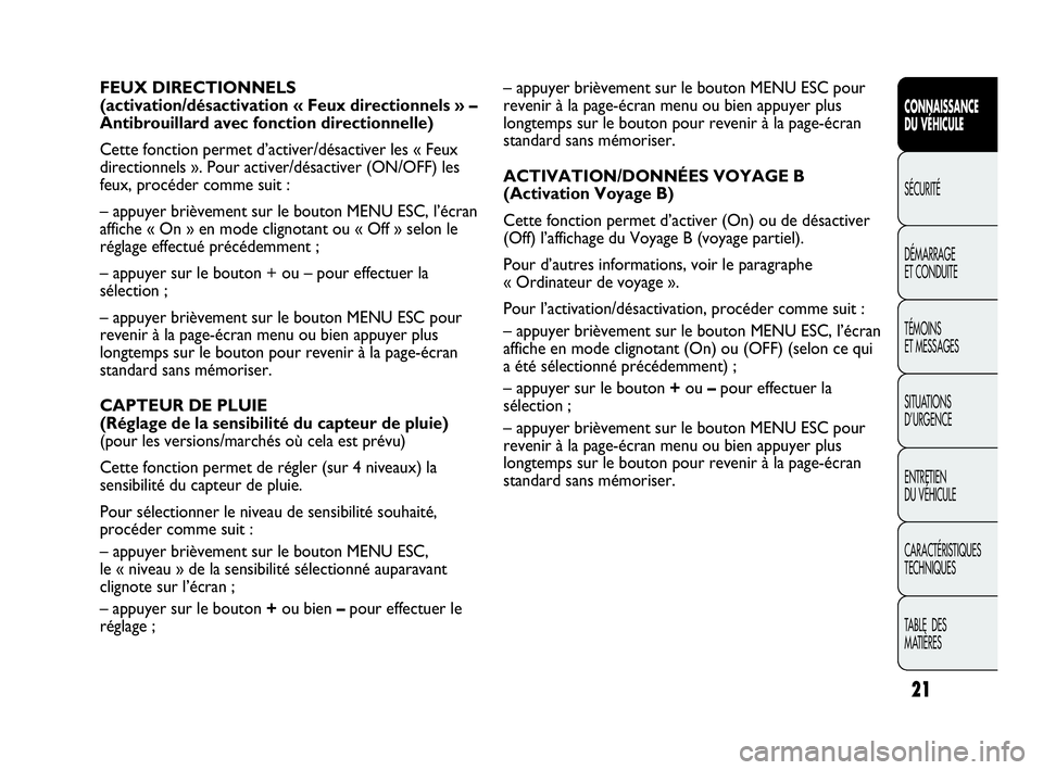 Abarth Punto Evo 2010  Notice dentretien (in French) 21
CONNAISSANCE 
DU VÉHICULE
SÉCURITÉ
DÉMARRAGE 
ET CONDUITE
TÉMOINS 
ET MESSAGES
SITUATIONS 
D’URGENCE
ENTRETIEN 
DU VÉHICULE
CARACTÉRISTIQUES
TECHNIQUES
TABLE  DES 
MATIÈRES
– appuyer br