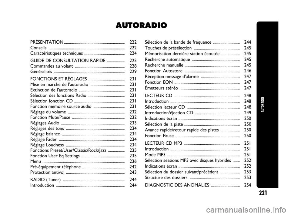 Abarth Punto Evo 2010  Notice dentretien (in French) Sélection de la bande de fréquence  .......................... 244
Touches de présélection  ............................................. 245
Mémorisation dernière station écoutée  ...........