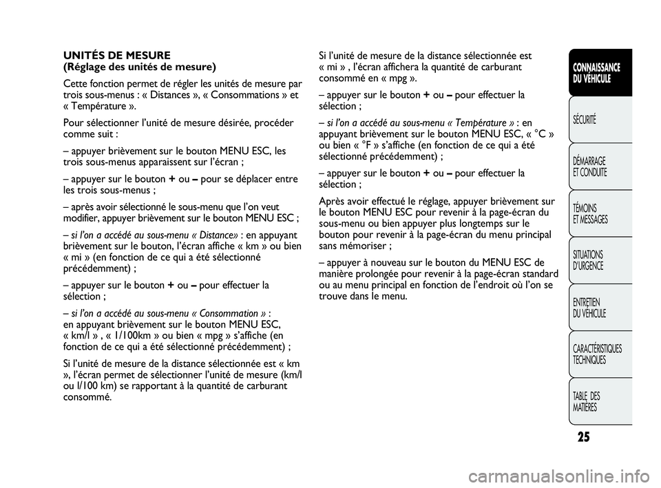 Abarth Punto Evo 2010  Notice dentretien (in French) 25
CONNAISSANCE 
DU VÉHICULE
SÉCURITÉ
DÉMARRAGE 
ET CONDUITE
TÉMOINS 
ET MESSAGES
SITUATIONS 
D’URGENCE
ENTRETIEN 
DU VÉHICULE
CARACTÉRISTIQUES
TECHNIQUES
TABLE  DES 
MATIÈRES
Si l’unité 