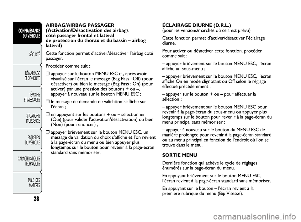 Abarth Punto Evo 2010  Notice dentretien (in French) 28
CONNAISSANCE 
DU VÉHICULE
SÉCURITÉ
DÉMARRAGE 
ET CONDUITE
TÉMOINS 
ET MESSAGES
SITUATIONS 
D’URGENCE
ENTRETIEN 
DU VÉHICULE
CARACTÉRISTIQUES
TECHNIQUES
TABLE  DES 
MATIÈRES
AIRBAG/AIRBAG 