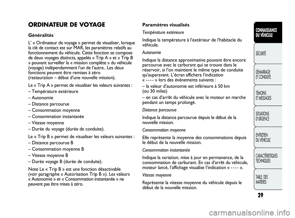 Abarth Punto Evo 2010  Notice dentretien (in French) Paramètres visualisés
Température extérieure
Indique la température à l’extérieur de l’habitacle du
véhicule.
Autonomie
Indique la distance approximative pouvant être encore
parcourue ave