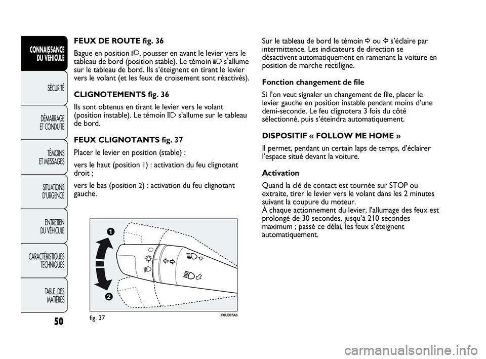 Abarth Punto Evo 2010  Notice dentretien (in French) 50
CONNAISSANCE 
DU VÉHICULE
SÉCURITÉ
DÉMARRAGE 
ET CONDUITE
TÉMOINS 
ET MESSAGES
SITUATIONS 
D’URGENCE
ENTRETIEN 
DU VÉHICULE
CARACTÉRISTIQUES
TECHNIQUES
TABLE  DES 
MATIÈRES
Sur le tableau