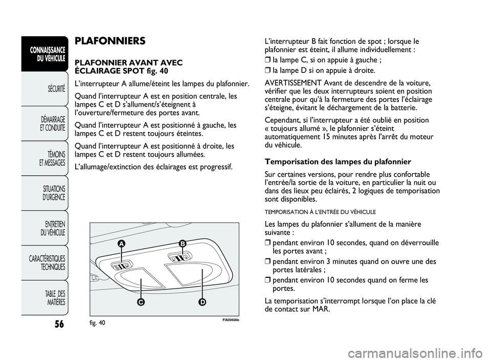 Abarth Punto Evo 2010  Notice dentretien (in French) 56
CONNAISSANCE 
DU VÉHICULE
SÉCURITÉ
DÉMARRAGE 
ET CONDUITE
TÉMOINS 
ET MESSAGES
SITUATIONS 
D’URGENCE
ENTRETIEN 
DU VÉHICULE
CARACTÉRISTIQUES
TECHNIQUES
TABLE  DES 
MATIÈRES
F0U040Abfig. 4