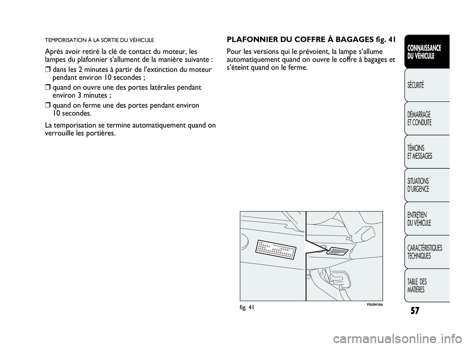 Abarth Punto Evo 2010  Notice dentretien (in French) 57
CONNAISSANCE 
DU VÉHICULE
SÉCURITÉ
DÉMARRAGE 
ET CONDUITE
TÉMOINS 
ET MESSAGES
SITUATIONS 
D’URGENCE
ENTRETIEN 
DU VÉHICULE
CARACTÉRISTIQUES
TECHNIQUES
TABLE  DES 
MATIÈRES
TEMPORISATION 