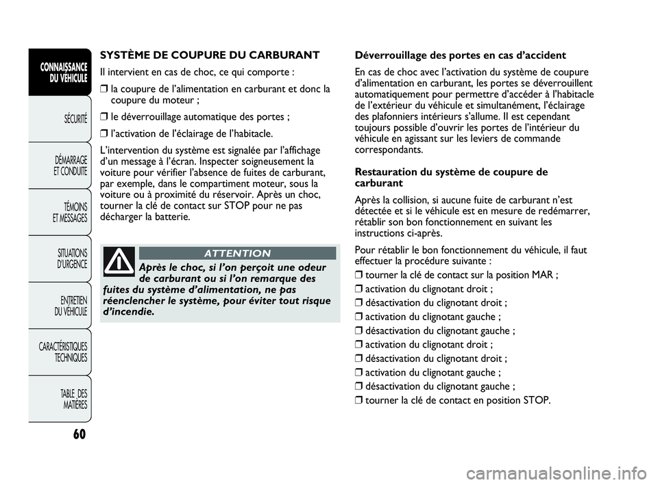 Abarth Punto Evo 2010  Notice dentretien (in French) 60
CONNAISSANCE 
DU VÉHICULE
SÉCURITÉ
DÉMARRAGE 
ET CONDUITE
TÉMOINS 
ET MESSAGES
SITUATIONS 
D’URGENCE
ENTRETIEN 
DU VÉHICULE
CARACTÉRISTIQUES
TECHNIQUES
TABLE  DES 
MATIÈRES
SYSTÈME DE CO