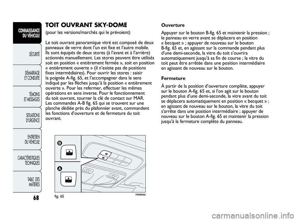Abarth Punto Evo 2010  Notice dentretien (in French) 68
CONNAISSANCE 
DU VÉHICULE
SÉCURITÉ
DÉMARRAGE 
ET CONDUITE
TÉMOINS 
ET MESSAGES
SITUATIONS 
D’URGENCE
ENTRETIEN 
DU VÉHICULE
CARACTÉRISTIQUES
TECHNIQUES
TABLE  DES 
MATIÈRES
F0U065Abfig. 6