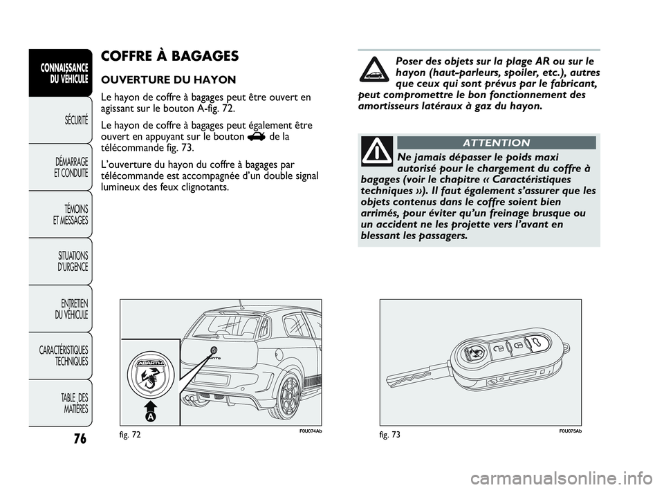 Abarth Punto Evo 2010  Notice dentretien (in French) 76
CONNAISSANCE 
DU VÉHICULE
SÉCURITÉ
DÉMARRAGE 
ET CONDUITE
TÉMOINS 
ET MESSAGES
SITUATIONS 
D’URGENCE
ENTRETIEN 
DU VÉHICULE
CARACTÉRISTIQUES
TECHNIQUES
TABLE  DES 
MATIÈRES
F0U074Abfig. 7