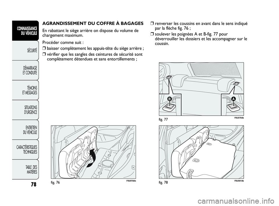 Abarth Punto Evo 2010  Notice dentretien (in French) 78
CONNAISSANCE 
DU VÉHICULE
SÉCURITÉ
DÉMARRAGE 
ET CONDUITE
TÉMOINS 
ET MESSAGES
SITUATIONS 
D’URGENCE
ENTRETIEN 
DU VÉHICULE
CARACTÉRISTIQUES
TECHNIQUES
TABLE  DES 
MATIÈRES
F0U078Abfig. 7