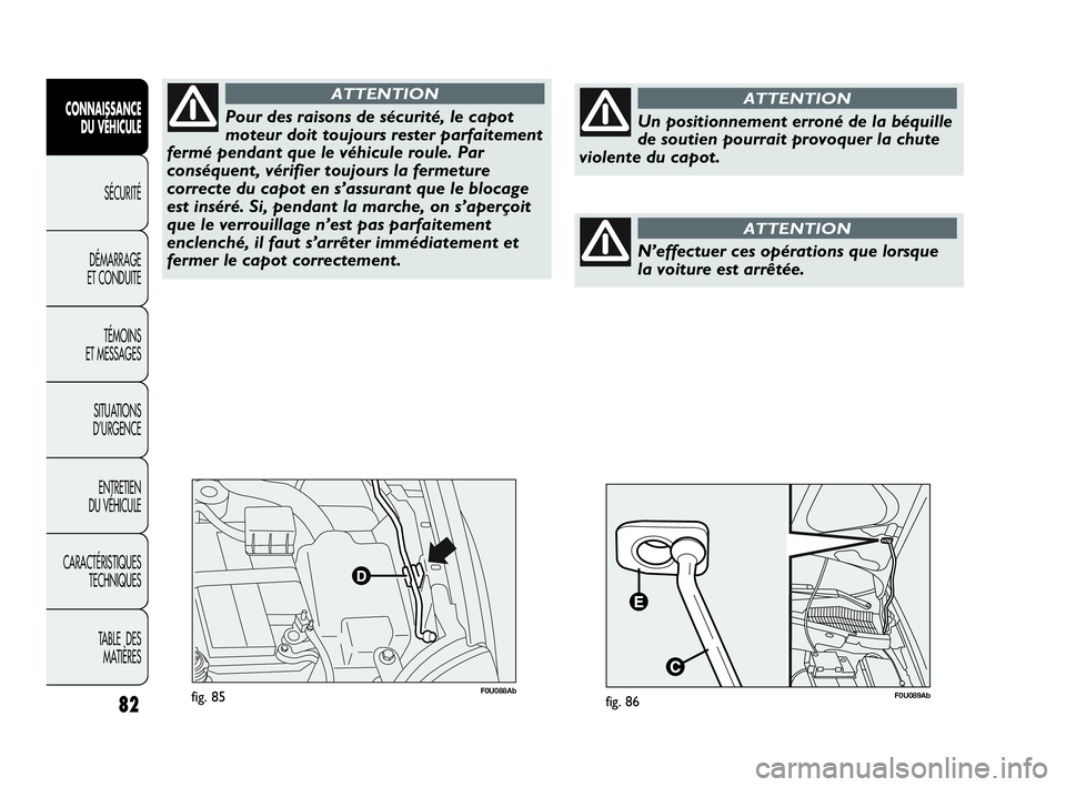 Abarth Punto Evo 2010  Notice dentretien (in French) 82
CONNAISSANCE 
DU VÉHICULE
SÉCURITÉ
DÉMARRAGE 
ET CONDUITE
TÉMOINS 
ET MESSAGES
SITUATIONS 
D’URGENCE
ENTRETIEN 
DU VÉHICULE
CARACTÉRISTIQUES
TECHNIQUES
TABLE  DES 
MATIÈRES
F0U088Abfig. 8