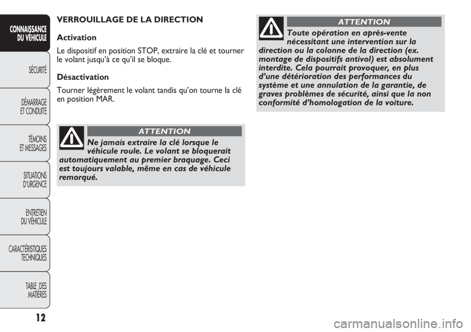 Abarth Punto Evo 2012  Notice dentretien (in French) 12
CONNAISSANCE
DU VÉHICULE
SÉCURITÉ
DÉMARRAGE
ET CONDUITE
TÉMOINS
ET MESSAGES
SITUATIONS 
D’URGENCE
ENTRETIEN
DU VÉHICULE
CARACTÉRISTIQUES
TECHNIQUES
TABLE  DES 
MATIÈRES
Ne jamais extraire