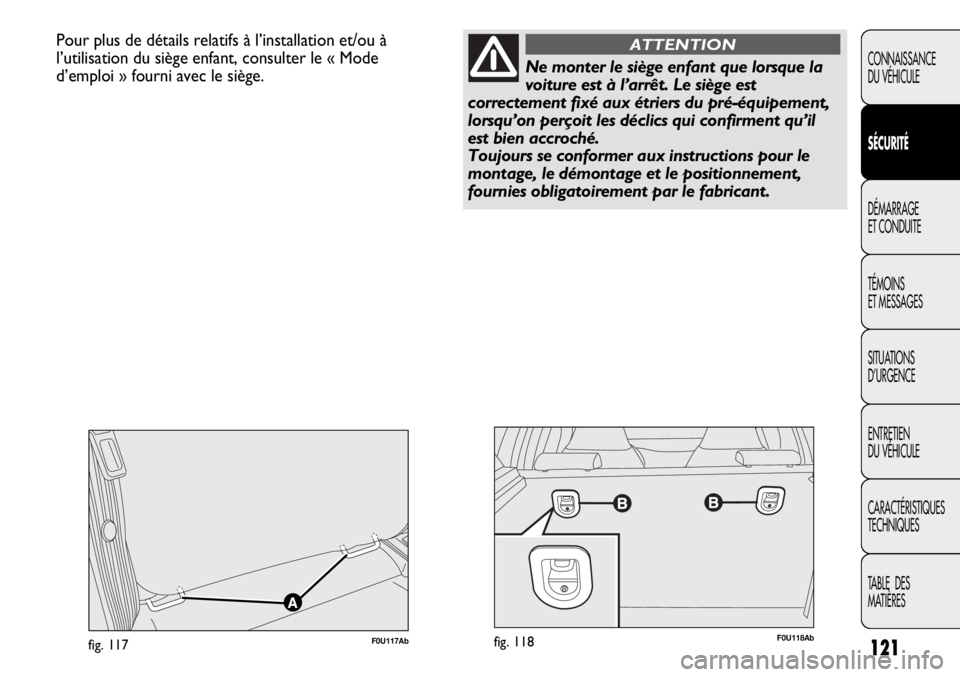 Abarth Punto Evo 2012  Notice dentretien (in French) 121
CONNAISSANCE
DU VÉHICULE
SÉCURITÉ
DÉMARRAGE
ET CONDUITE
TÉMOINS
ET MESSAGES
SITUATIONS 
D’URGENCE
ENTRETIEN
DU VÉHICULE
CARACTÉRISTIQUES
TECHNIQUES
TABLE  DES 
MATIÈRES
Pour plus de dét