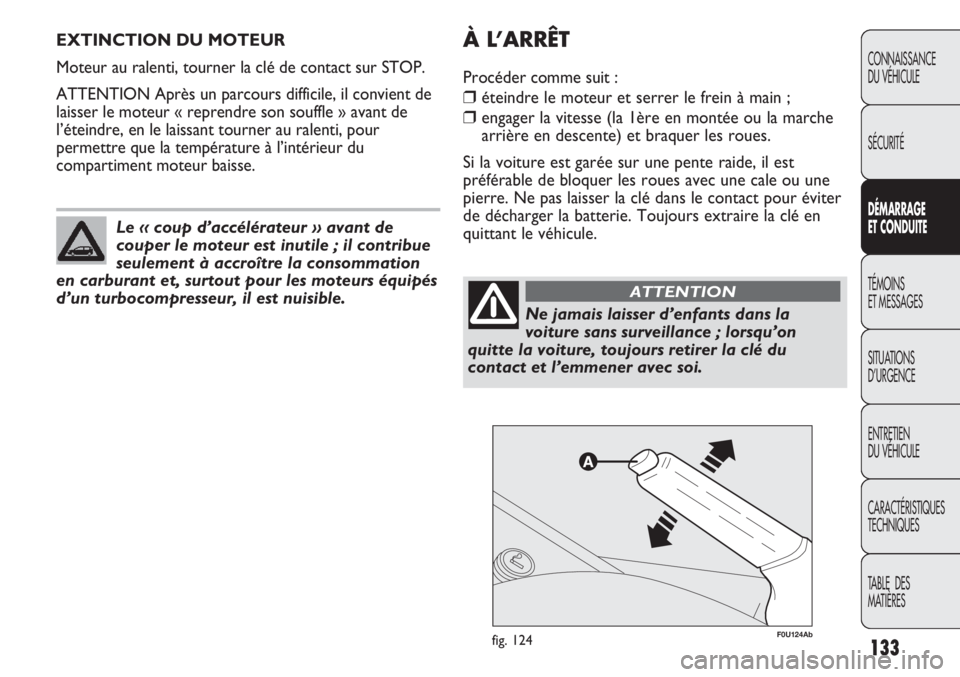 Abarth Punto Evo 2012 Notice dentretien (in French) 133
CONNAISSANCE
DU VÉHICULE
SÉCURITÉ
DÉMARRAGE
ET CONDUITE
TÉMOINS
ET MESSAGES
SITUATIONS
D’URGENCE
ENTRETIEN
DU VÉHICULE
CARACTÉRISTIQUES
TECHNIQUES
TABLE DES
MATIÈRES
EXTINCTION DU MOT Abarth Punto Evo 2012 Notice dentretien (in French) 133
CONNAISSANCE
DU VÉHICULE
SÉCURITÉ
DÉMARRAGE
ET CONDUITE
TÉMOINS
ET MESSAGES
SITUATIONS
D’URGENCE
ENTRETIEN
DU VÉHICULE
CARACTÉRISTIQUES
TECHNIQUES
TABLE DES
MATIÈRES
EXTINCTION DU MOT