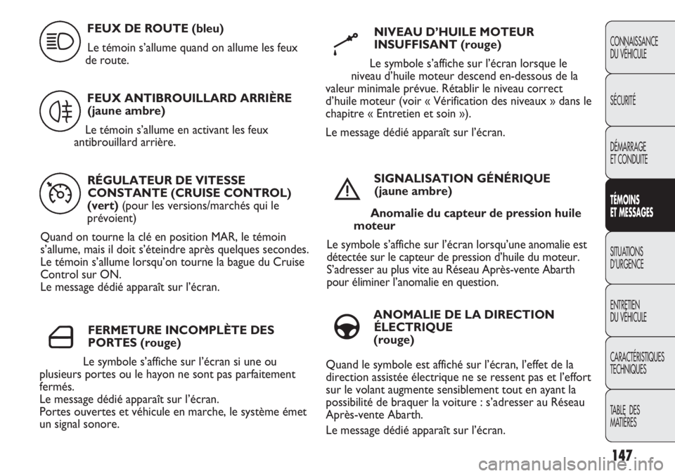 Abarth Punto Evo 2012 Notice dentretien (in French) 147
CONNAISSANCE
DU VÉHICULE
SÉCURITÉ
DÉMARRAGE
ET CONDUITE
TÉMOINS
ET MESSAGES
SITUATIONS
D’URGENCE
ENTRETIEN
DU VÉHICULE
CARACTÉRISTIQUES
TECHNIQUES
TABLE DES
MATIÈRES
RÉGULATEUR DE VI Abarth Punto Evo 2012 Notice dentretien (in French) 147
CONNAISSANCE
DU VÉHICULE
SÉCURITÉ
DÉMARRAGE
ET CONDUITE
TÉMOINS
ET MESSAGES
SITUATIONS
D’URGENCE
ENTRETIEN
DU VÉHICULE
CARACTÉRISTIQUES
TECHNIQUES
TABLE DES
MATIÈRES
RÉGULATEUR DE VI
