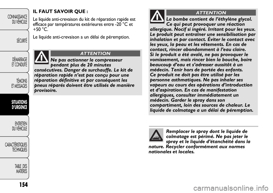 Abarth Punto Evo 2012 Notice dentretien (in French) 154
CONNAISSANCE
DU VÉHICULE
SÉCURITÉ
DÉMARRAGE
ET CONDUITE
TÉMOINS
ET MESSAGES
SITUATIONS
D’URGENCE
ENTRETIEN
DU VÉHICULE
CARACTÉRISTIQUES
TECHNIQUES
TABLE DES
MATIÈRES
Remplacer le spra Abarth Punto Evo 2012 Notice dentretien (in French) 154
CONNAISSANCE
DU VÉHICULE
SÉCURITÉ
DÉMARRAGE
ET CONDUITE
TÉMOINS
ET MESSAGES
SITUATIONS
D’URGENCE
ENTRETIEN
DU VÉHICULE
CARACTÉRISTIQUES
TECHNIQUES
TABLE DES
MATIÈRES
Remplacer le spra
