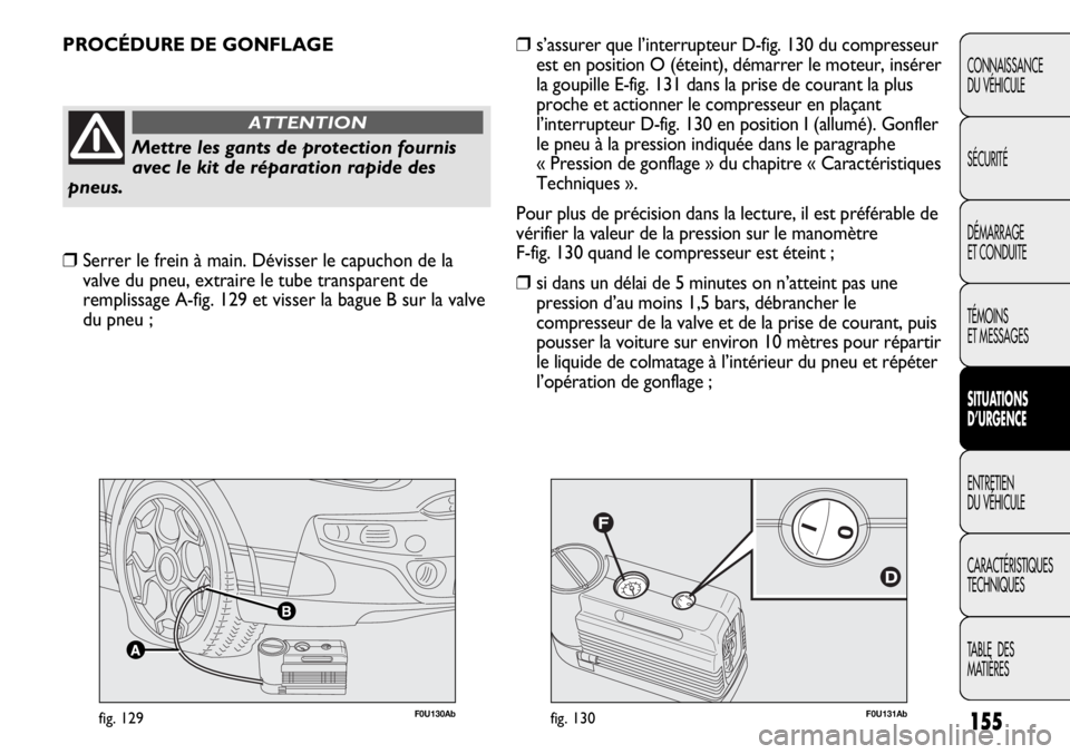 Abarth Punto Evo 2012 Notice dentretien (in French) 155
CONNAISSANCE
DU VÉHICULE
SÉCURITÉ
DÉMARRAGE
ET CONDUITE
TÉMOINS
ET MESSAGES
SITUATIONS
D’URGENCE
ENTRETIEN
DU VÉHICULE
CARACTÉRISTIQUES
TECHNIQUES
TABLE DES
MATIÈRES
F0U131Abfig. 130F Abarth Punto Evo 2012 Notice dentretien (in French) 155
CONNAISSANCE
DU VÉHICULE
SÉCURITÉ
DÉMARRAGE
ET CONDUITE
TÉMOINS
ET MESSAGES
SITUATIONS
D’URGENCE
ENTRETIEN
DU VÉHICULE
CARACTÉRISTIQUES
TECHNIQUES
TABLE DES
MATIÈRES
F0U131Abfig. 130F
