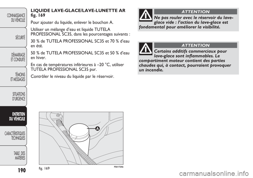 Abarth Punto Evo 2012  Notice dentretien (in French) 190
CONNAISSANCE
DU VÉHICULE
SÉCURITÉ
DÉMARRAGE
ET CONDUITE
TÉMOINS
ET MESSAGES
SITUATIONS 
D’URGENCE
ENTRETIEN
DU VÉHICULE
CARACTÉRISTIQUES
TECHNIQUES
TABLE  DES 
MATIÈRES
F0U173Abfig. 169
