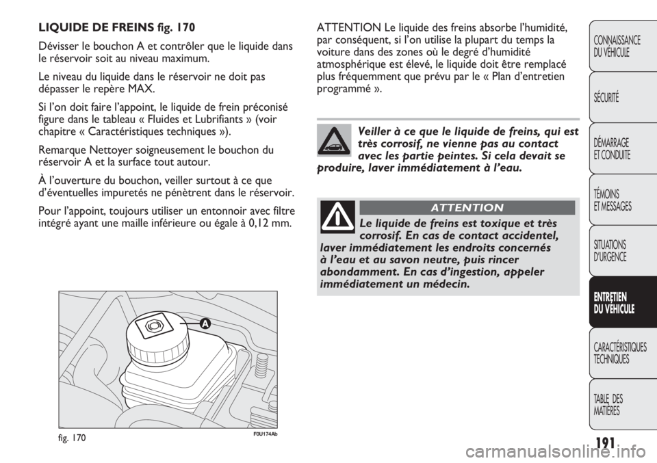 Abarth Punto Evo 2012 Notice dentretien (in French) 191
CONNAISSANCE
DU VÉHICULE
SÉCURITÉ
DÉMARRAGE
ET CONDUITE
TÉMOINS
ET MESSAGES
SITUATIONS
D’URGENCE
ENTRETIEN
DU VÉHICULE
CARACTÉRISTIQUES
TECHNIQUES
TABLE DES
MATIÈRES
F0U174Abfig. 170
Abarth Punto Evo 2012 Notice dentretien (in French) 191
CONNAISSANCE
DU VÉHICULE
SÉCURITÉ
DÉMARRAGE
ET CONDUITE
TÉMOINS
ET MESSAGES
SITUATIONS
D’URGENCE
ENTRETIEN
DU VÉHICULE
CARACTÉRISTIQUES
TECHNIQUES
TABLE DES
MATIÈRES
F0U174Abfig. 170
