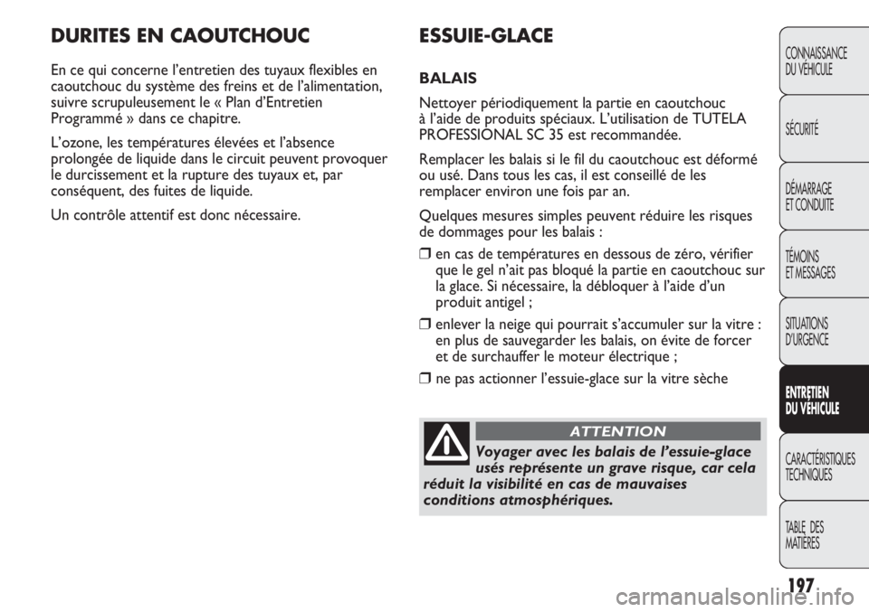 Abarth Punto Evo 2012 Notice dentretien (in French) DURITES EN CAOUTCHOUC
En ce qui concerne l’entretien des tuyaux flexibles en
caoutchouc du système des freins et de l’alimentation,
suivre scrupuleusement le « Plan d’Entretien
Programmé » Abarth Punto Evo 2012 Notice dentretien (in French) DURITES EN CAOUTCHOUC
En ce qui concerne l’entretien des tuyaux flexibles en
caoutchouc du système des freins et de l’alimentation,
suivre scrupuleusement le « Plan d’Entretien
Programmé »