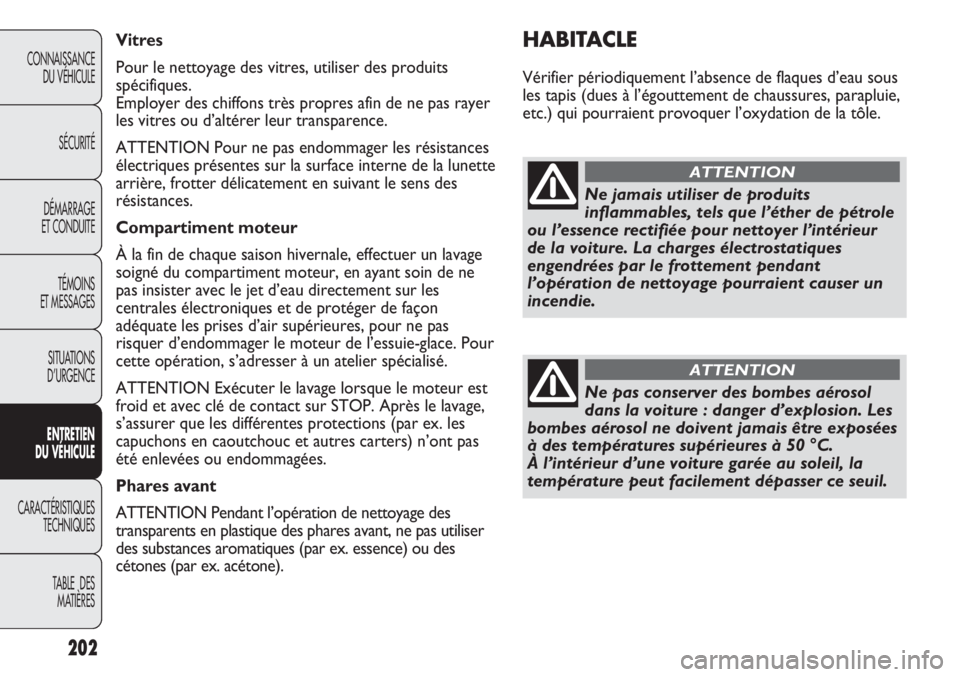 Abarth Punto Evo 2012 Notice dentretien (in French) 202
CONNAISSANCE
DU VÉHICULE
SÉCURITÉ
DÉMARRAGE
ET CONDUITE
TÉMOINS
ET MESSAGES
SITUATIONS
D’URGENCE
ENTRETIEN
DU VÉHICULE
CARACTÉRISTIQUES
TECHNIQUES
TABLE DES
MATIÈRES
HABITACLE
Vérifi Abarth Punto Evo 2012 Notice dentretien (in French) 202
CONNAISSANCE
DU VÉHICULE
SÉCURITÉ
DÉMARRAGE
ET CONDUITE
TÉMOINS
ET MESSAGES
SITUATIONS
D’URGENCE
ENTRETIEN
DU VÉHICULE
CARACTÉRISTIQUES
TECHNIQUES
TABLE DES
MATIÈRES
HABITACLE
Vérifi