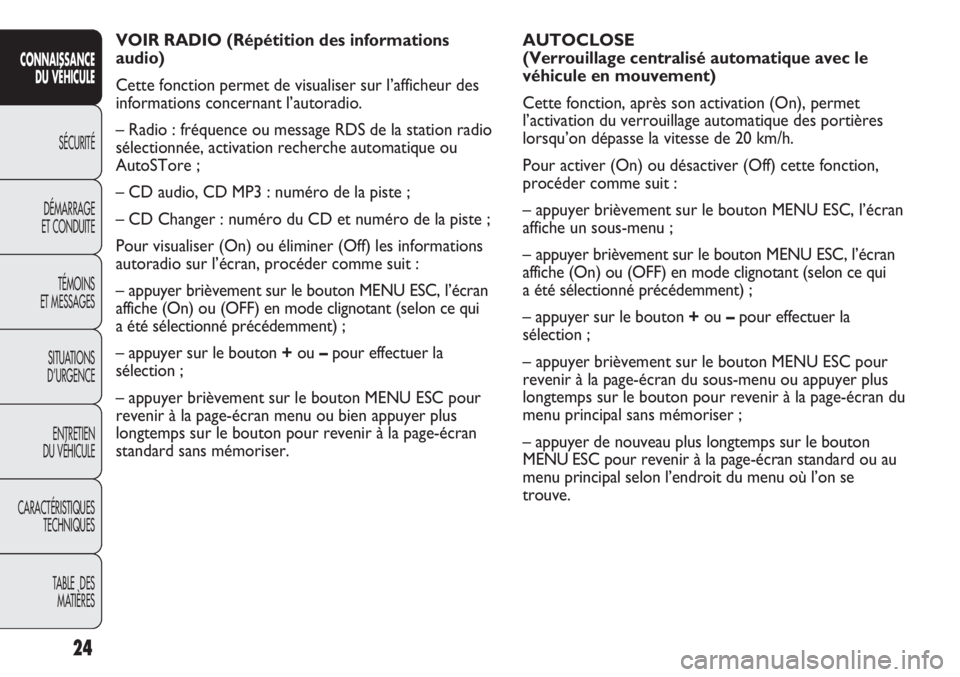 Abarth Punto Evo 2012 Notice dentretien (in French) 24
CONNAISSANCE
DU VÉHICULE
SÉCURITÉ
DÉMARRAGE
ET CONDUITE
TÉMOINS
ET MESSAGES
SITUATIONS
D’URGENCE
ENTRETIEN
DU VÉHICULE
CARACTÉRISTIQUES
TECHNIQUES
TABLE DES
MATIÈRES
AUTOCLOSE
(Verroui Abarth Punto Evo 2012 Notice dentretien (in French) 24
CONNAISSANCE
DU VÉHICULE
SÉCURITÉ
DÉMARRAGE
ET CONDUITE
TÉMOINS
ET MESSAGES
SITUATIONS
D’URGENCE
ENTRETIEN
DU VÉHICULE
CARACTÉRISTIQUES
TECHNIQUES
TABLE DES
MATIÈRES
AUTOCLOSE
(Verroui