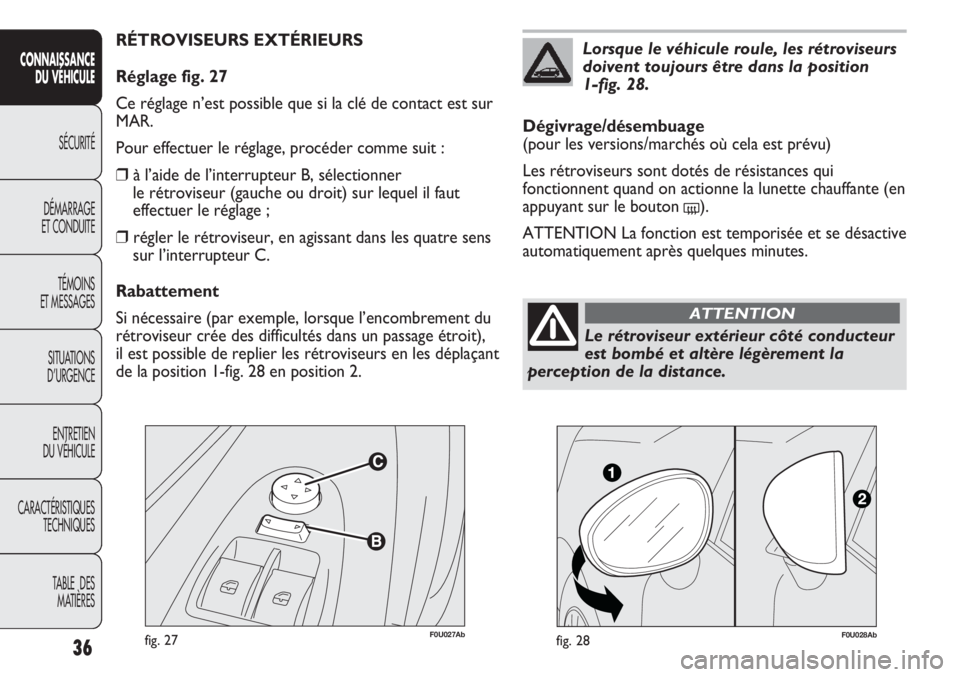 Abarth Punto Evo 2012 Notice dentretien (in French) 36
CONNAISSANCE
DU VÉHICULE
SÉCURITÉ
DÉMARRAGE
ET CONDUITE
TÉMOINS
ET MESSAGES
SITUATIONS
D’URGENCE
ENTRETIEN
DU VÉHICULE
CARACTÉRISTIQUES
TECHNIQUES
TABLE DES
MATIÈRES
F0U027Abfig. 27
R Abarth Punto Evo 2012 Notice dentretien (in French) 36
CONNAISSANCE
DU VÉHICULE
SÉCURITÉ
DÉMARRAGE
ET CONDUITE
TÉMOINS
ET MESSAGES
SITUATIONS
D’URGENCE
ENTRETIEN
DU VÉHICULE
CARACTÉRISTIQUES
TECHNIQUES
TABLE DES
MATIÈRES
F0U027Abfig. 27
R