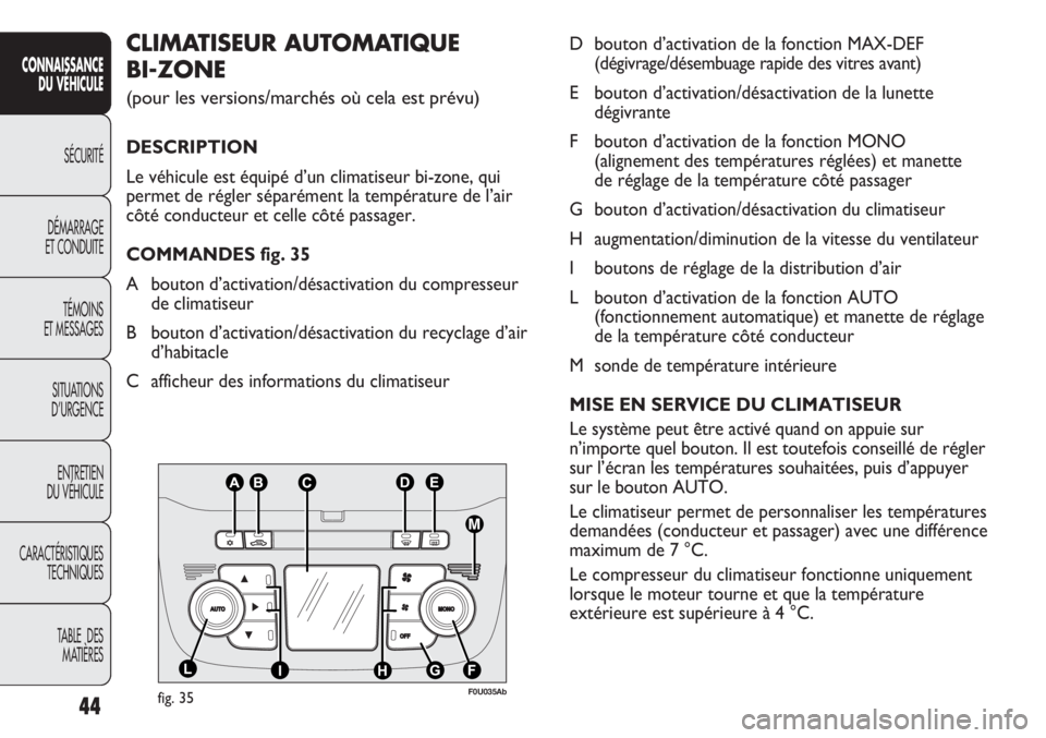 Abarth Punto Evo 2012 Notice dentretien (in French) 44
CONNAISSANCE
DU VÉHICULE
SÉCURITÉ
DÉMARRAGE
ET CONDUITE
TÉMOINS
ET MESSAGES
SITUATIONS
D’URGENCE
ENTRETIEN
DU VÉHICULE
CARACTÉRISTIQUES
TECHNIQUES
TABLE DES
MATIÈRES
D bouton d’activ Abarth Punto Evo 2012 Notice dentretien (in French) 44
CONNAISSANCE
DU VÉHICULE
SÉCURITÉ
DÉMARRAGE
ET CONDUITE
TÉMOINS
ET MESSAGES
SITUATIONS
D’URGENCE
ENTRETIEN
DU VÉHICULE
CARACTÉRISTIQUES
TECHNIQUES
TABLE DES
MATIÈRES
D bouton d’activ