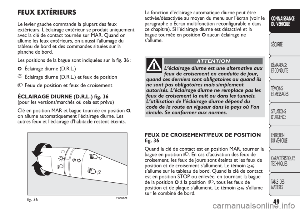 Abarth Punto Evo 2012 Notice dentretien (in French) 49
CONNAISSANCE
DU VÉHICULE
SÉCURITÉ
DÉMARRAGE
ET CONDUITE
TÉMOINS
ET MESSAGES
SITUATIONS
D’URGENCE
ENTRETIEN
DU VÉHICULE
CARACTÉRISTIQUES
TECHNIQUES
TABLE DES
MATIÈRES
F0U036Abfig. 36
L Abarth Punto Evo 2012 Notice dentretien (in French) 49
CONNAISSANCE
DU VÉHICULE
SÉCURITÉ
DÉMARRAGE
ET CONDUITE
TÉMOINS
ET MESSAGES
SITUATIONS
D’URGENCE
ENTRETIEN
DU VÉHICULE
CARACTÉRISTIQUES
TECHNIQUES
TABLE DES
MATIÈRES
F0U036Abfig. 36
L