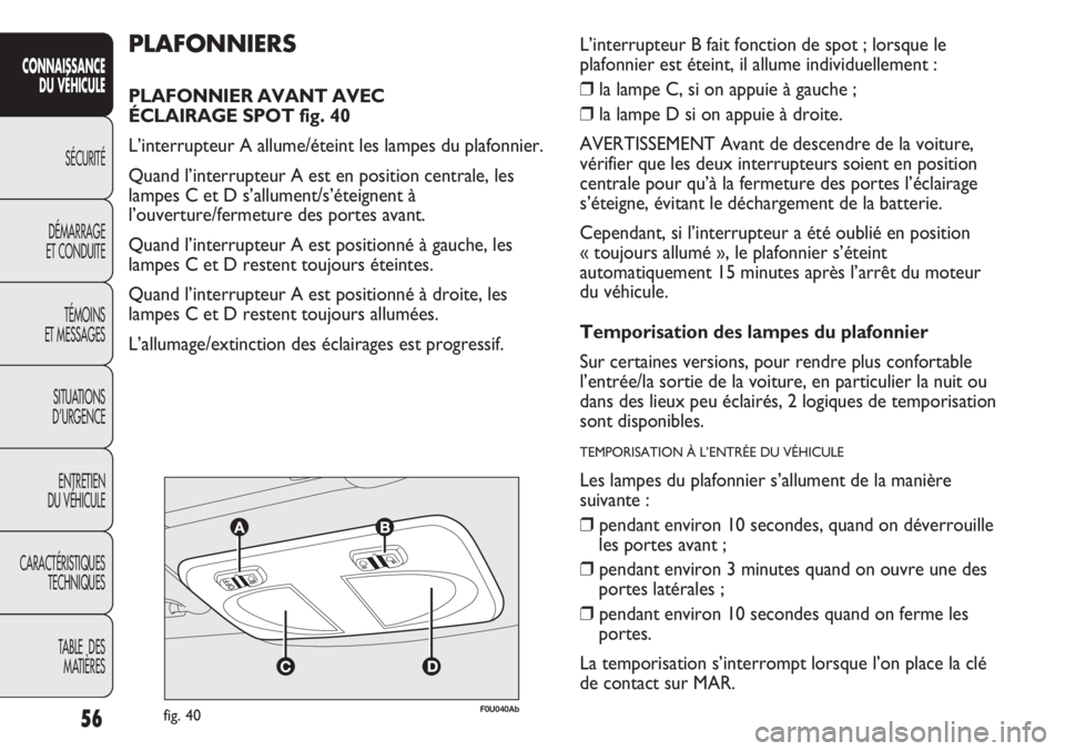 Abarth Punto Evo 2012 Notice dentretien (in French) 56
CONNAISSANCE
DU VÉHICULE
SÉCURITÉ
DÉMARRAGE
ET CONDUITE
TÉMOINS
ET MESSAGES
SITUATIONS
D’URGENCE
ENTRETIEN
DU VÉHICULE
CARACTÉRISTIQUES
TECHNIQUES
TABLE DES
MATIÈRES
F0U040Abfig. 40
PL Abarth Punto Evo 2012 Notice dentretien (in French) 56
CONNAISSANCE
DU VÉHICULE
SÉCURITÉ
DÉMARRAGE
ET CONDUITE
TÉMOINS
ET MESSAGES
SITUATIONS
D’URGENCE
ENTRETIEN
DU VÉHICULE
CARACTÉRISTIQUES
TECHNIQUES
TABLE DES
MATIÈRES
F0U040Abfig. 40
PL
