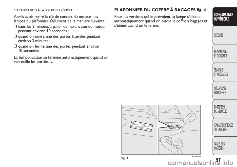 Abarth Punto Evo 2012  Notice dentretien (in French) 57
CONNAISSANCE
DU VÉHICULE
SÉCURITÉ
DÉMARRAGE
ET CONDUITE
TÉMOINS
ET MESSAGES
SITUATIONS 
D’URGENCE
ENTRETIEN
DU VÉHICULE
CARACTÉRISTIQUES
TECHNIQUES
TABLE  DES 
MATIÈRES
TEMPORISATION À L