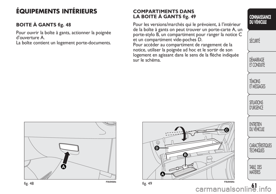 Abarth Punto Evo 2012  Notice dentretien (in French) 61
CONNAISSANCE
DU VÉHICULE
SÉCURITÉ
DÉMARRAGE
ET CONDUITE
TÉMOINS
ET MESSAGES
SITUATIONS 
D’URGENCE
ENTRETIEN
DU VÉHICULE
CARACTÉRISTIQUES
TECHNIQUES
TABLE  DES 
MATIÈRES
F0U048Abfig. 48
C
