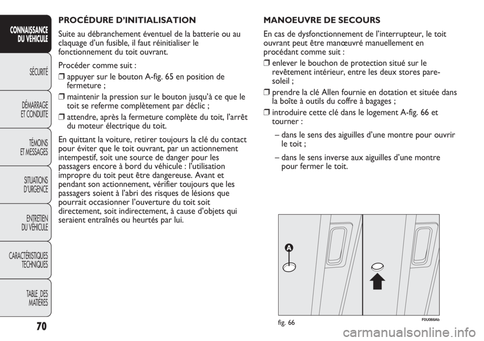 Abarth Punto Evo 2012 Notice dentretien (in French) 70
CONNAISSANCE
DU VÉHICULE
SÉCURITÉ
DÉMARRAGE
ET CONDUITE
TÉMOINS
ET MESSAGES
SITUATIONS
D’URGENCE
ENTRETIEN
DU VÉHICULE
CARACTÉRISTIQUES
TECHNIQUES
TABLE DES
MATIÈRES
PROCÉDURE D’INI Abarth Punto Evo 2012 Notice dentretien (in French) 70
CONNAISSANCE
DU VÉHICULE
SÉCURITÉ
DÉMARRAGE
ET CONDUITE
TÉMOINS
ET MESSAGES
SITUATIONS
D’URGENCE
ENTRETIEN
DU VÉHICULE
CARACTÉRISTIQUES
TECHNIQUES
TABLE DES
MATIÈRES
PROCÉDURE D’INI