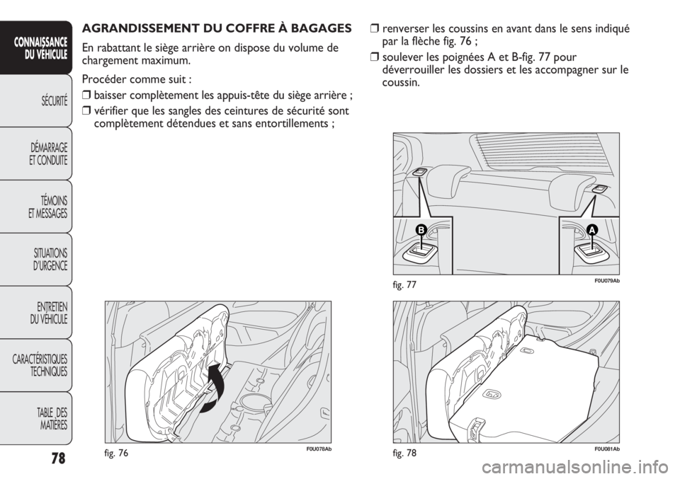 Abarth Punto Evo 2012  Notice dentretien (in French) 78
CONNAISSANCE
DU VÉHICULE
SÉCURITÉ
DÉMARRAGE
ET CONDUITE
TÉMOINS
ET MESSAGES
SITUATIONS 
D’URGENCE
ENTRETIEN
DU VÉHICULE
CARACTÉRISTIQUES
TECHNIQUES
TABLE  DES 
MATIÈRES
F0U078Abfig. 76
AG