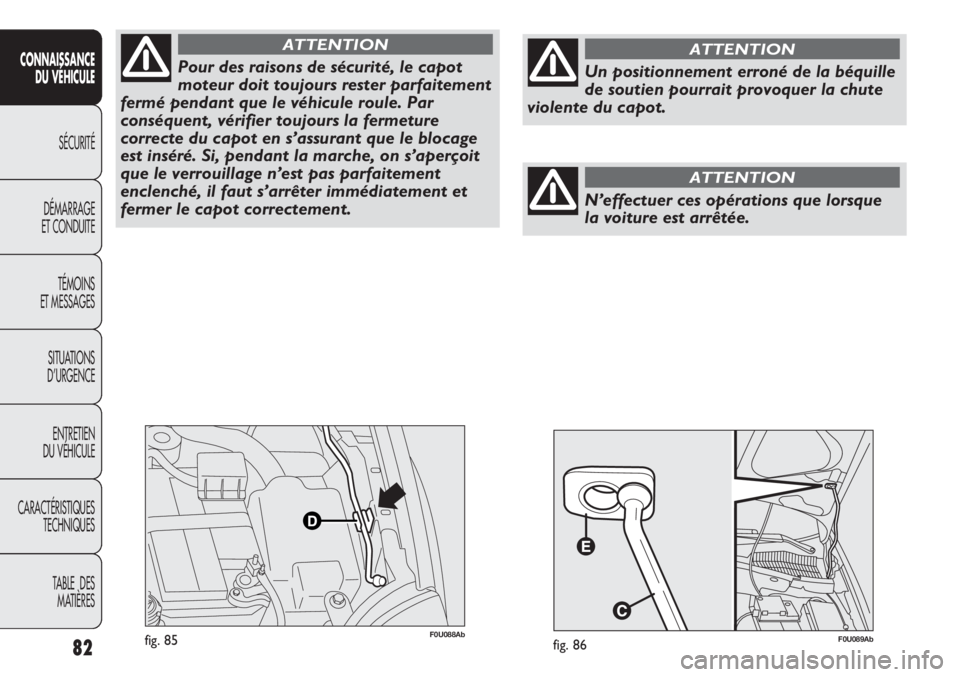 Abarth Punto Evo 2012  Notice dentretien (in French) 82
CONNAISSANCE
DU VÉHICULE
SÉCURITÉ
DÉMARRAGE
ET CONDUITE
TÉMOINS
ET MESSAGES
SITUATIONS 
D’URGENCE
ENTRETIEN
DU VÉHICULE
CARACTÉRISTIQUES
TECHNIQUES
TABLE  DES 
MATIÈRES
F0U088Abfig. 85
Po
