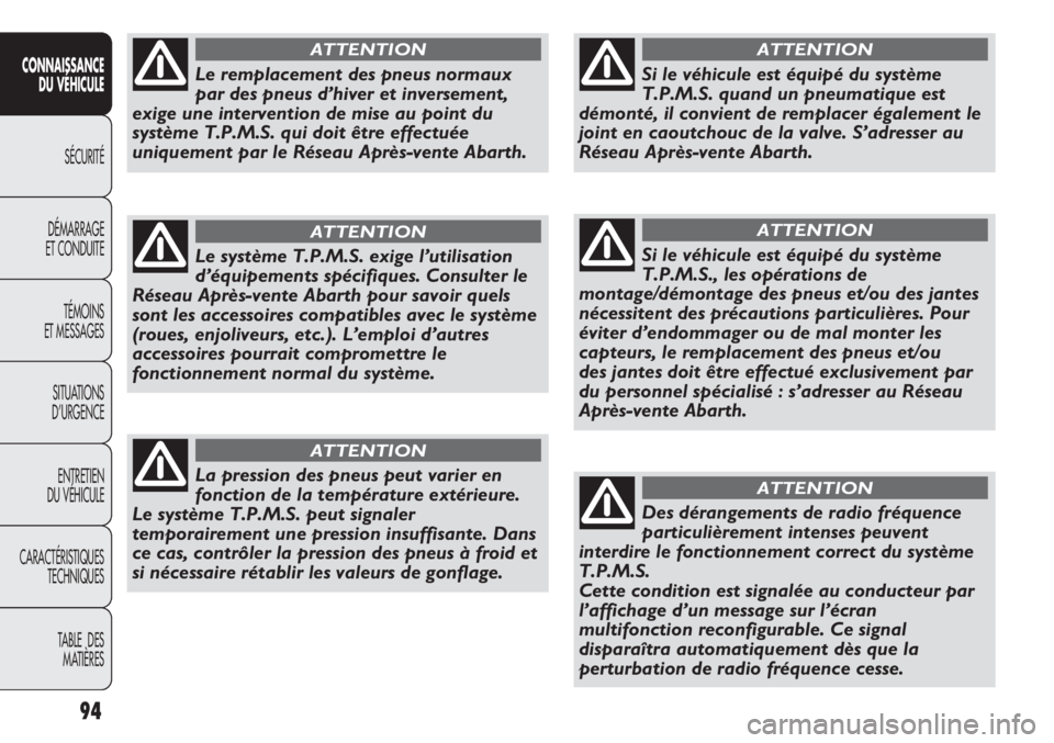 Abarth Punto Evo 2012 Notice dentretien (in French) 94
CONNAISSANCE
DU VÉHICULE
SÉCURITÉ
DÉMARRAGE
ET CONDUITE
TÉMOINS
ET MESSAGES
SITUATIONS
D’URGENCE
ENTRETIEN
DU VÉHICULE
CARACTÉRISTIQUES
TECHNIQUES
TABLE DES
MATIÈRES
Le remplacement de Abarth Punto Evo 2012 Notice dentretien (in French) 94
CONNAISSANCE
DU VÉHICULE
SÉCURITÉ
DÉMARRAGE
ET CONDUITE
TÉMOINS
ET MESSAGES
SITUATIONS
D’URGENCE
ENTRETIEN
DU VÉHICULE
CARACTÉRISTIQUES
TECHNIQUES
TABLE DES
MATIÈRES
Le remplacement de