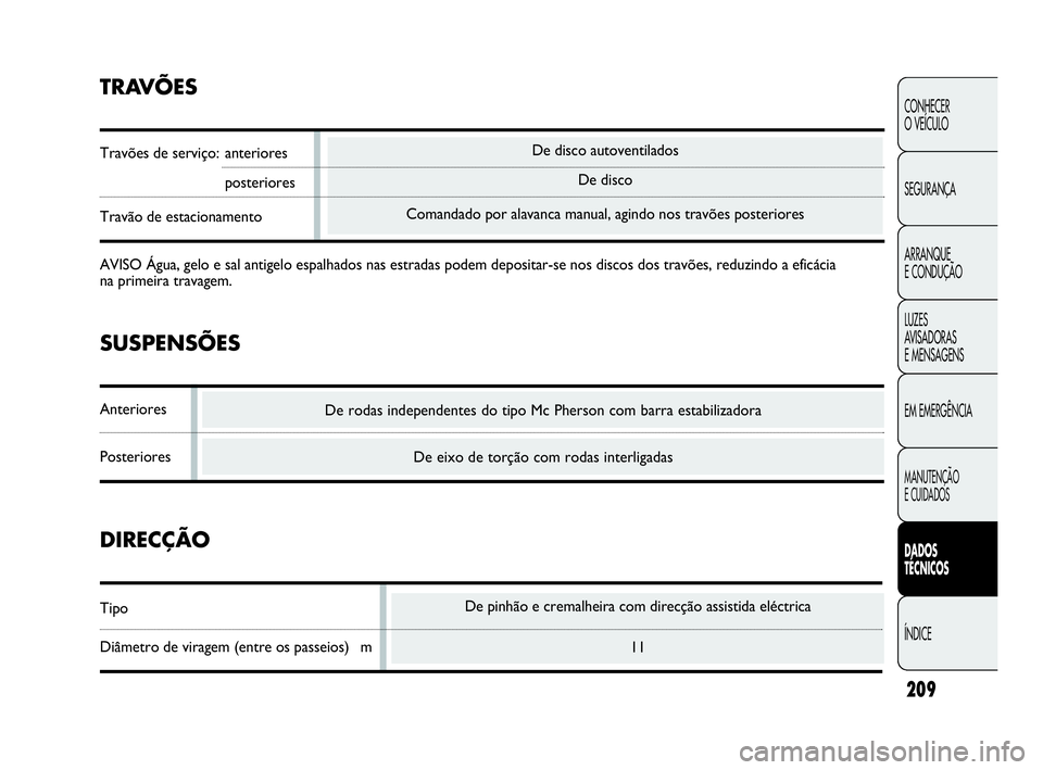 Abarth Punto Evo 2010  Manual de Uso e Manutenção (in Portuguese) De pinhão e cremalheira com direcção assistida eléctrica
11
DIRECÇÃO
Tipo
Diâmetro de viragem (entre os passeios) m
De disco autoventilados
De disco
Comandado por alavanca manual, agindo nos tr