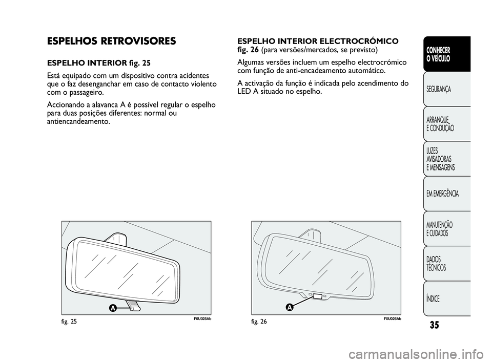 Abarth Punto Evo 2010  Manual de Uso e Manutenção (in Portuguese) ÍNDICE DADOS 
TÉCNICOS
MANUTENÇÃO 
E CUIDADOS
EM EMERGÊNCIA LUZES 
AVISADORAS 
E MENSAGENS ARRANQUE 
E CONDUÇÃO SEGURANÇA 
CONHECER 
O VEÍCULO
35
ESPELHO INTERIOR ELECTROCRÓMICO
fig. 26 (par